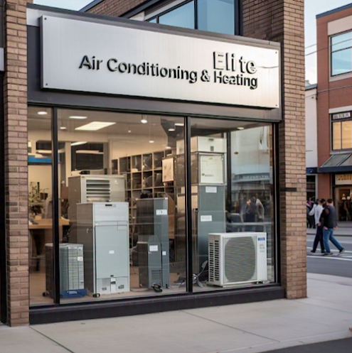 Elite Air Conditioning & Heating storefront and HVAC display